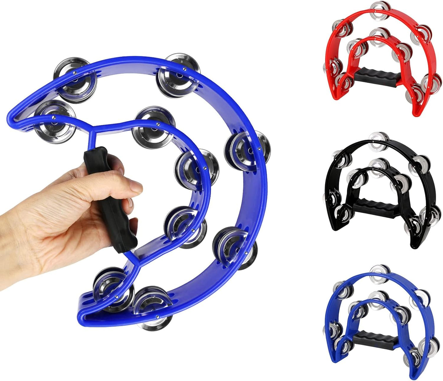 EASTROCK 3 Pack Double Row Tambourine Metal Jingles Hand Held Percussion Half Moon Tambourine for Kids, Adults, KTV, Party (Black, Blue, Red)