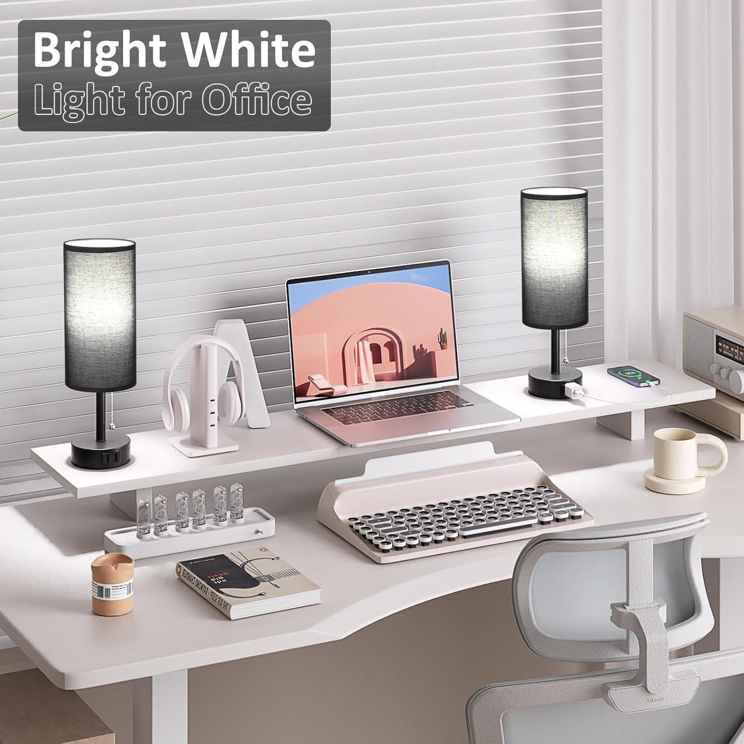 Black Bedside Table Lamps Set of 2-3 Color Temperatures Pull Chain Lamp with AC Outlet Charging Port, Round Night Stand Lamps for Bedroom Office, Small Bed Side Light with E26 LED Bulbs