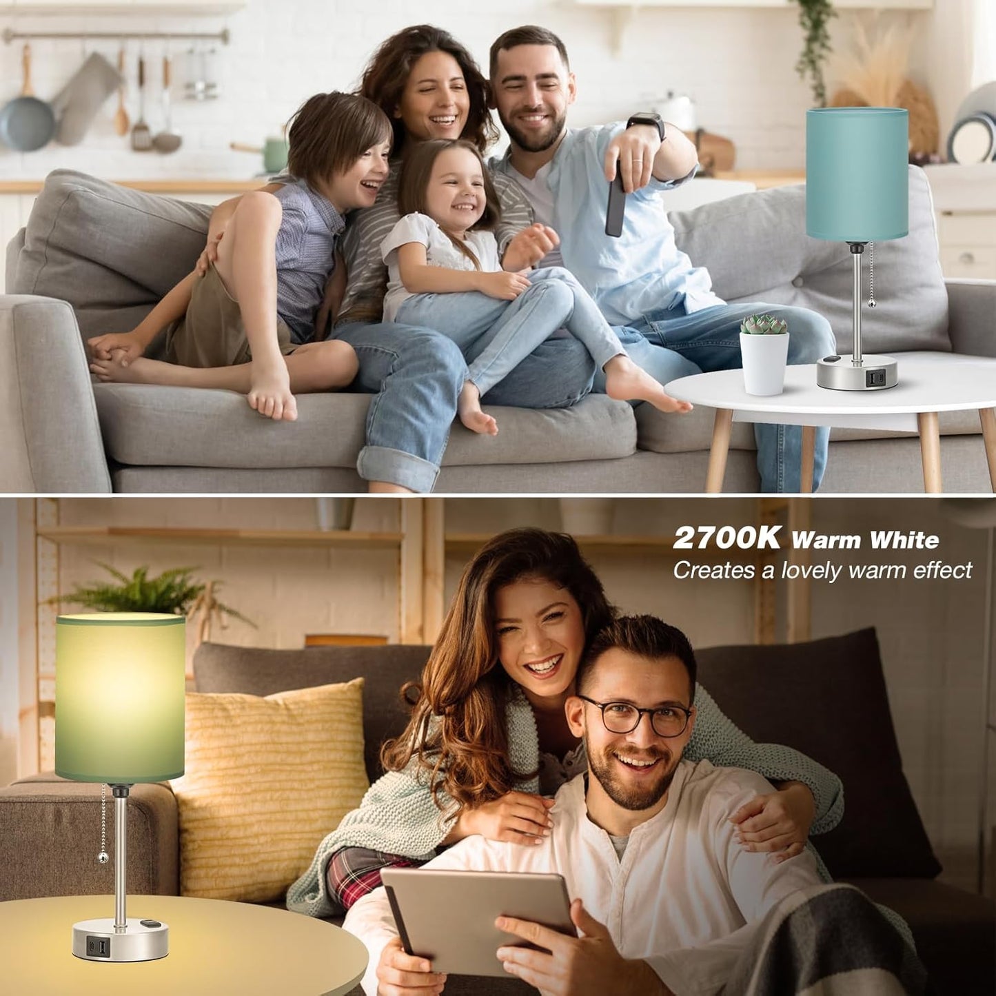 Teal Bedside Lamp for Nightstand - 3 Color Temperature Table Lamp with USB C and A Ports, Pull Chain Lamp for Bedroom with AC Outlet, Coastal Desk Lamp with Silver Metal Base for Kids Girls