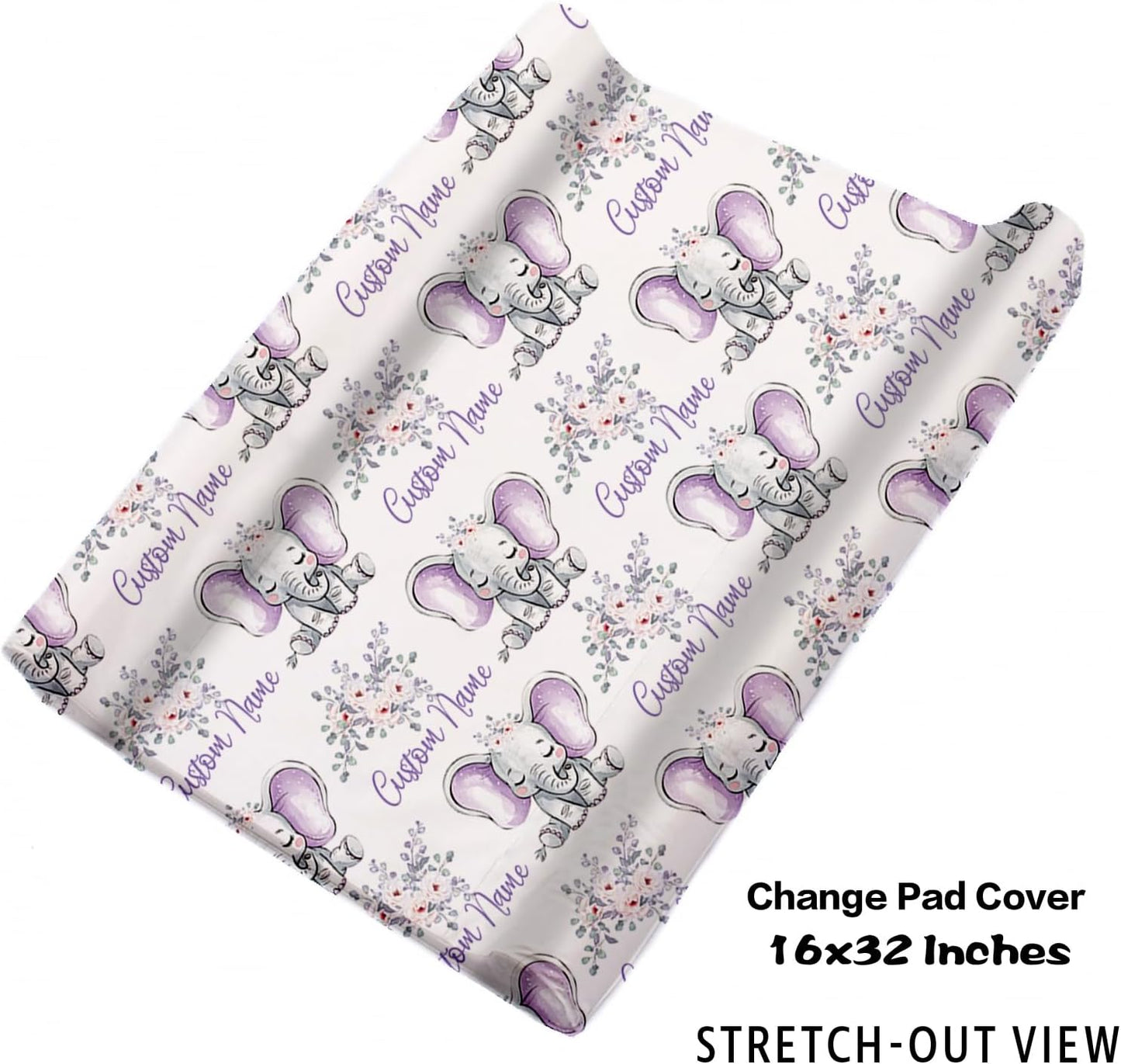 Personalized Baby Crib Bedding Set for Baby Girls, Light Purple Elephant Pattern Custom Name Baby Crib Sets 5-Pcs, Toddler Double Layer Blanket Fitted Sheets Changing Pad Cover Rug Wall Art Set