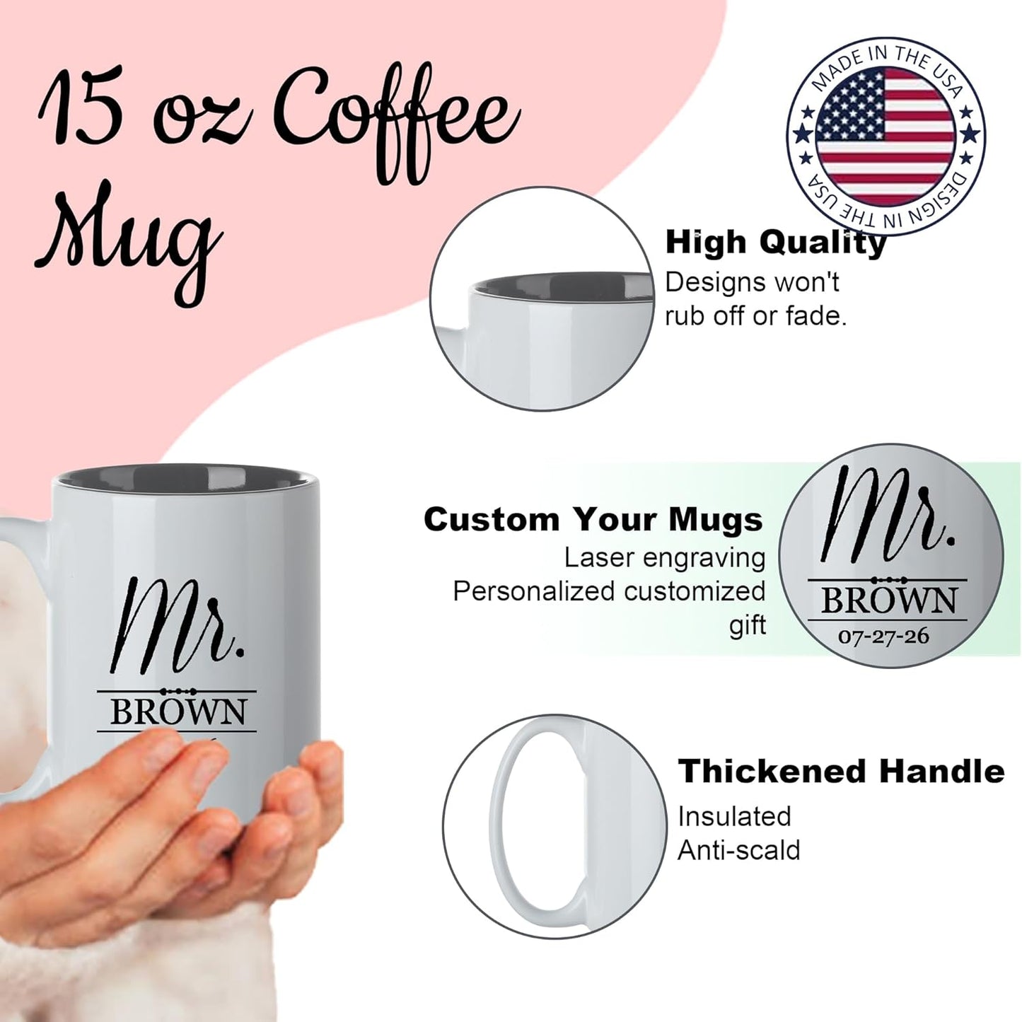 Personalized Coffee Mug, Custom Text or Logo Ceramic Mug, 15oz Customized Name Tea Cup, Gifts for Men & Women, Mother's Day Anniversary Christmas (Engraved Custom Logo, White)