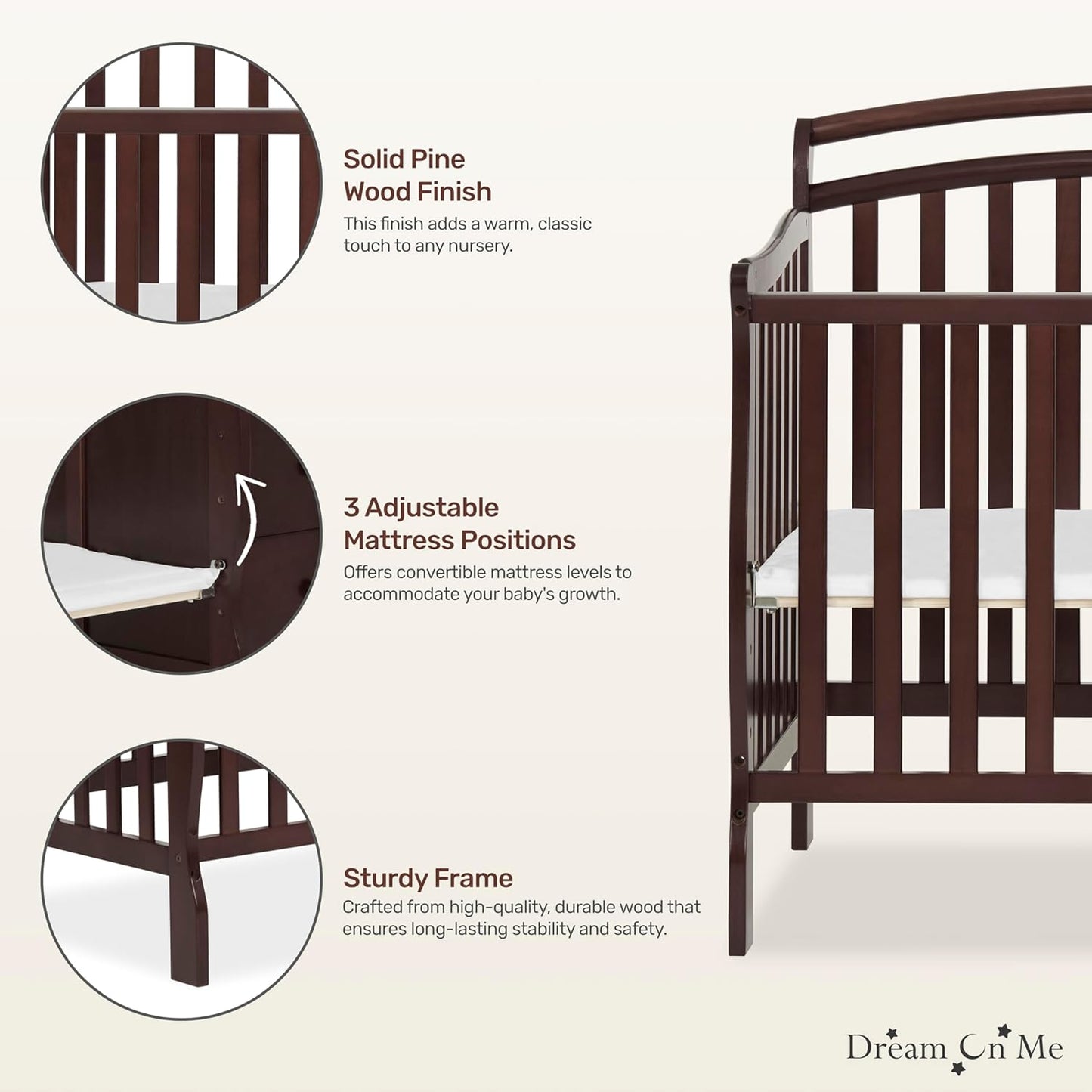 Dream On Me Casco 3-in-1 Mini Convertible Baby Crib & Changer with Storage in Espresso, Pinewood, GreenGuard Gold & JPMA, 1” Mattress Pad, 3 Mattress Heights, Converts to Mini Day & Twin-Size Bed