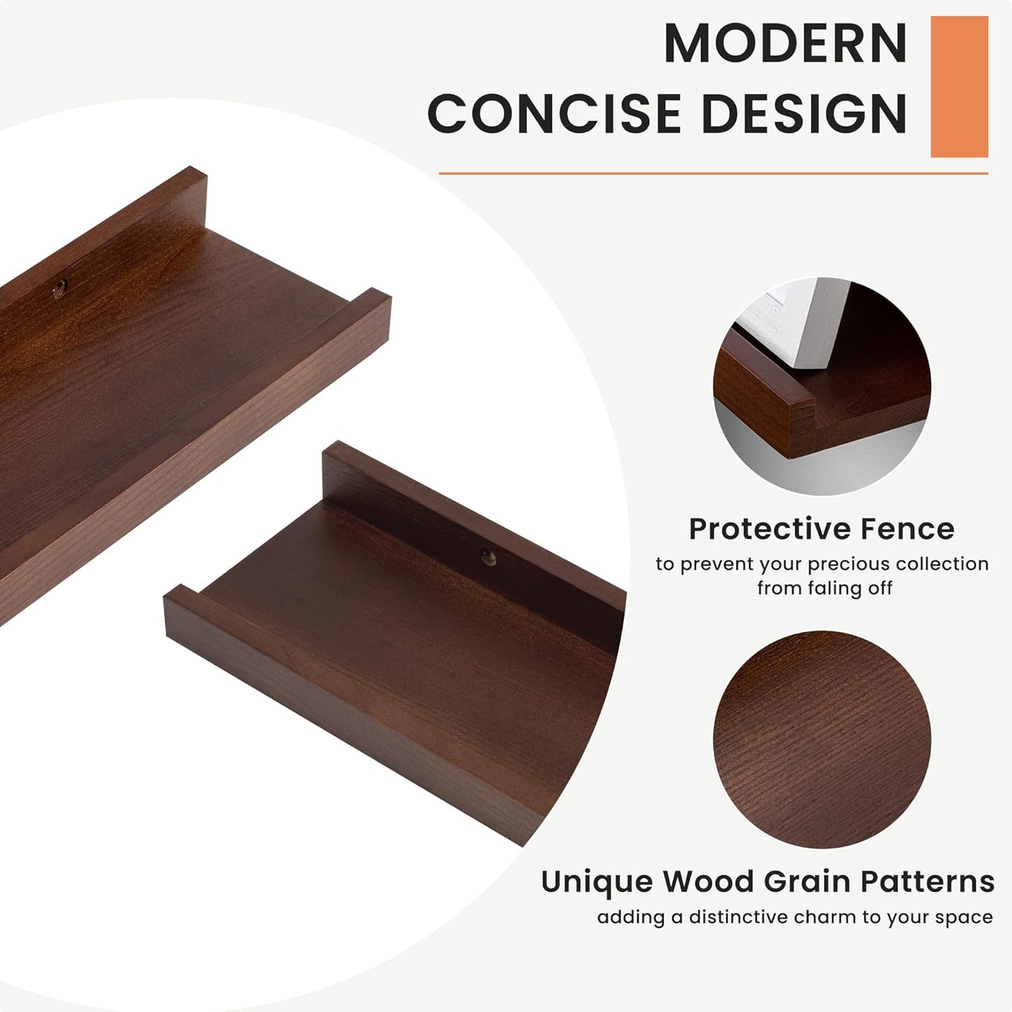 Solid Ash Wood Picture Ledge Shelf, 24 Inch Floating Shelves with Lip Set of 2, Photo Ledge Shelf Nursery Bookshelf Wall Mounted for Living Room Bedroom Decor, Walnut