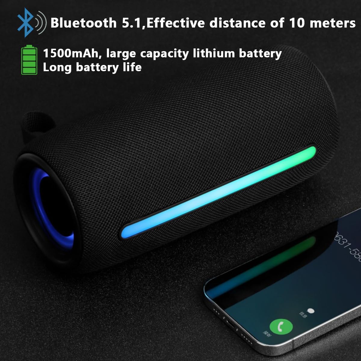 Wireless Portable Bluetooth Speaker: IPX6 Waterproof Audio,fm Radio,USB/AUX/SD Card Play,LEDlights,TWS interconnected Stereo,Outdoor/Travel/Camping/Bike/Family/Party（Blue）