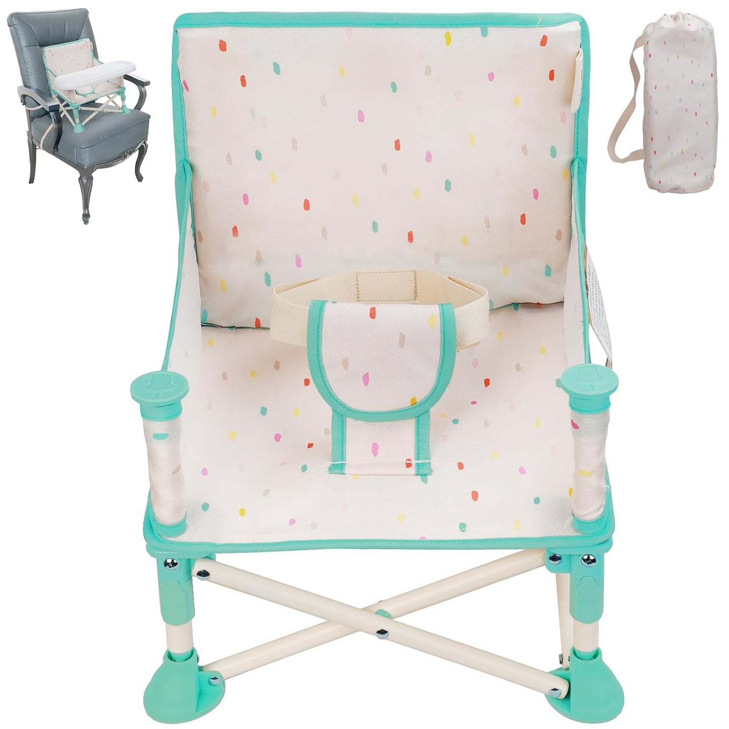 Tiny Marvels Portable 3-in-1 Baby Booster Seat, Cozy Floor Seat, Feeding Seat with Tray, Compact Foldable Toddler Booster with Child Safety Belt Carry Bag, Perfect for Travel (Cream Confetti)