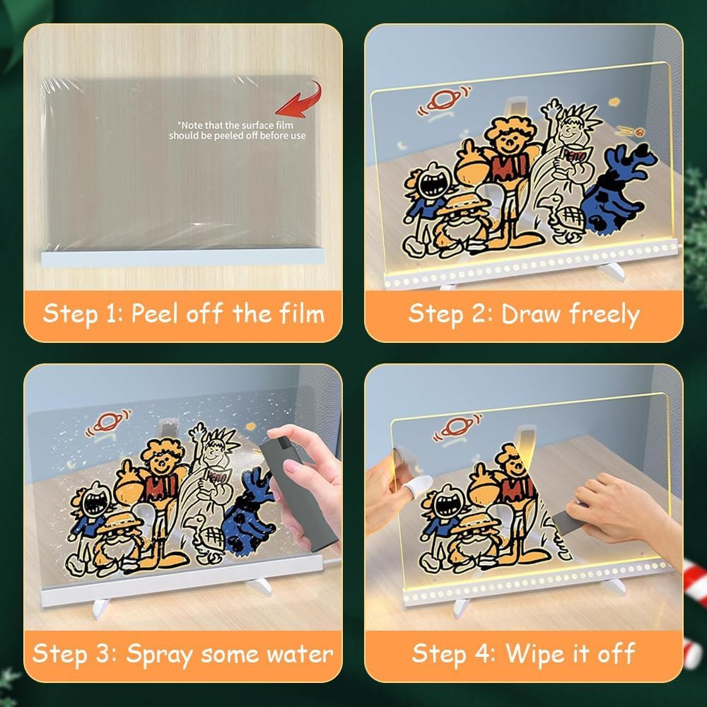 LED Note Board with Colors, LED Drawing Board for Kids, Lighted Acrylic Dry Erase Message Board, Illuminated Notepad with Adjustable Stand and 7 Pens (5.9‘ × 5.9’)