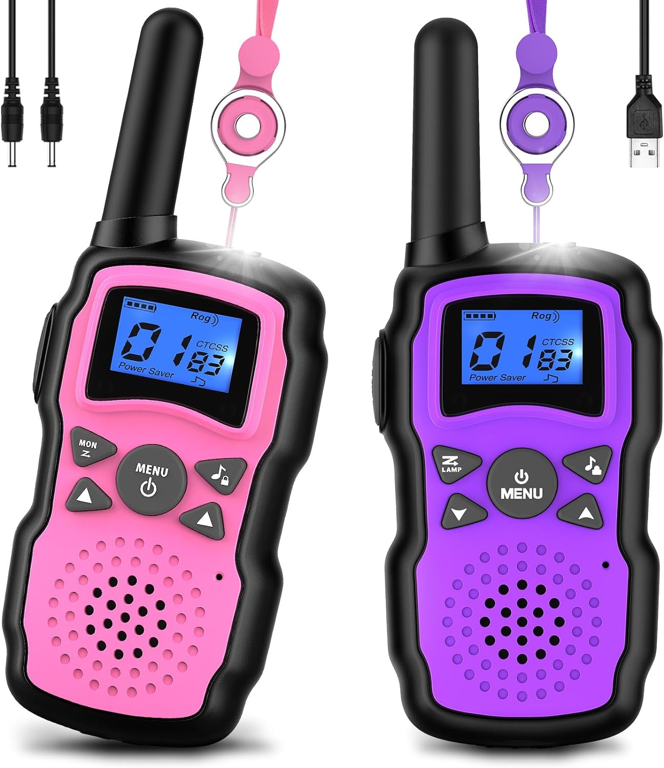 Wishouse Walkie Talkies for Kids Rechargeable with USB Charger 6000mAh Battery,Outdoor Camping Games with Flashlight Lanyard,Toys for Girls,Halloween Xmas Birthday Gift for Children 2 Pack Pink Purple