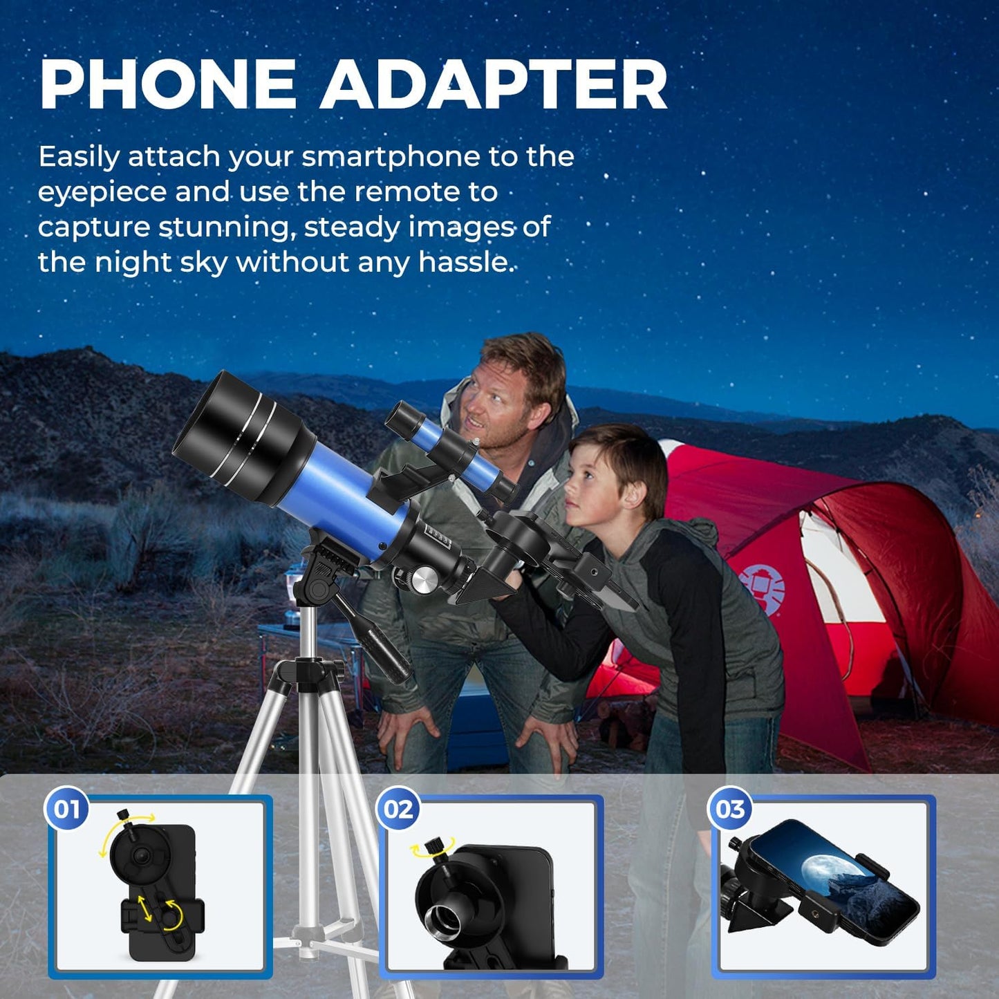ESAKO Telescope for Kids & Beginners, 70mm Aperture Portable Telescopes with 3 Eyepieces, Height Adjustable Tripod & Phone Adapter & Remote Control