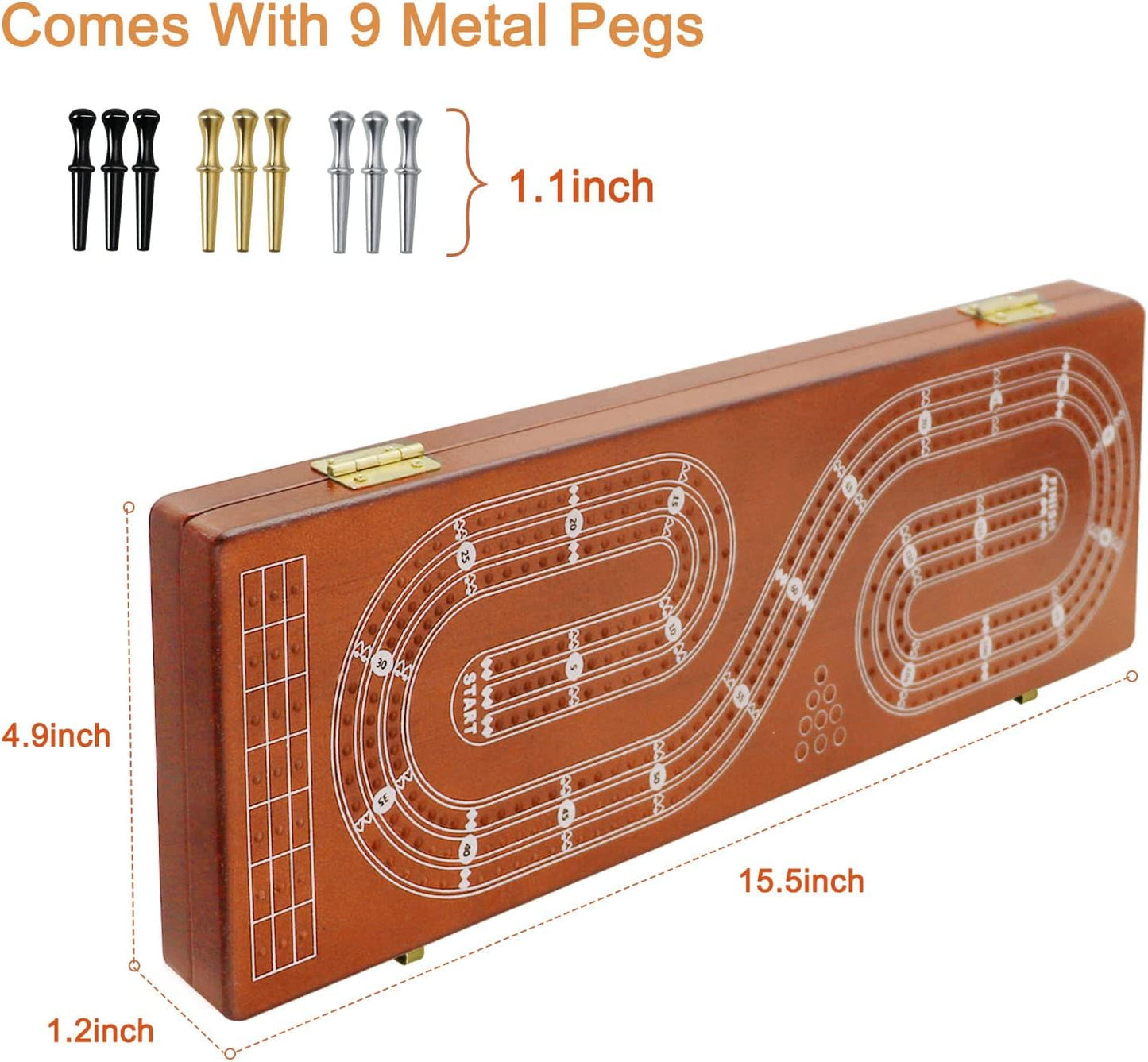 Cribbage Board Game Set 3 Tracks, Plusvivo Solid Oak Wood Cribbage Boards Unique with 9 Metal Pegs & 2 Storage Area, 15.5 X 4.9 X 1.2 in Travel Portable Cribbage Game Sets for Family