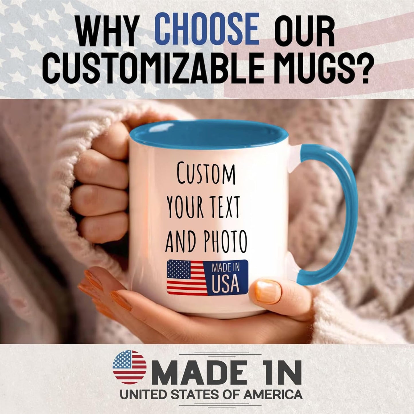 Ship Next Day Custom Mug Design Your Own Photo Text Personalized Picture Gifts for Women Men Customized Gift Idea Personalized Coffee Mugs 11oz Blue Handle