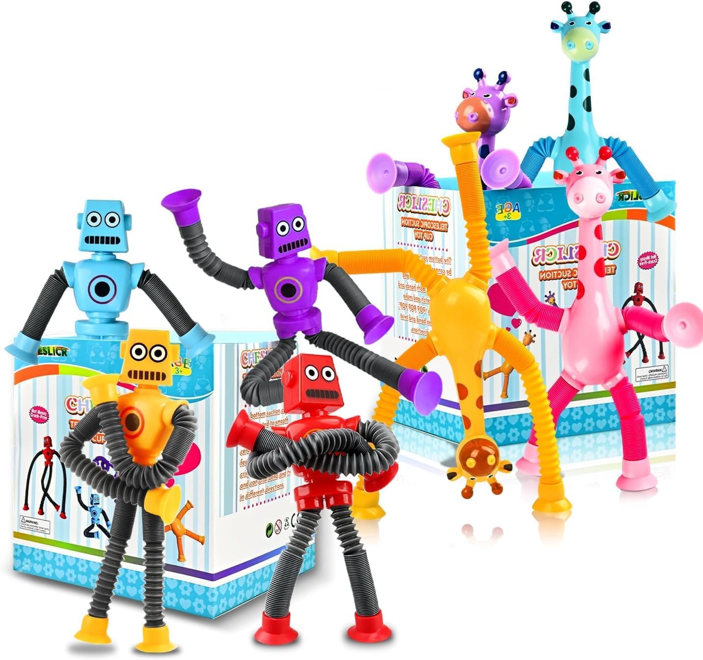 8pc Robot Giraffe Sensory Travel Toys for Toddlers Boy Ages 3 4 5 6 7 8, Airplane Activities Suction Autism Pop Tube Fidget Autistic Stocking Easter Basket Stuffer Valentine Gift for Kids