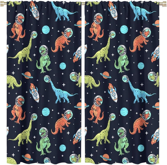 Cartoon Dinosaur Curtains for Kids Boys Girls Home Decor, Astronaut Rocket Funny Outer Space Blackout Rod Pocket Window Drapes for Bedroom Living Room W26xL84in 2 Panels