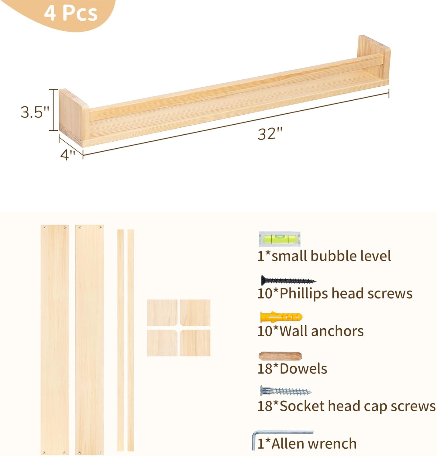 Fun Memories Nursery Book Shelves - Rustic Natural Solid Wood Floating Bookshelf for Kids - Wall Book Shelves for Kids Room (Natural, 32inch - 4P)