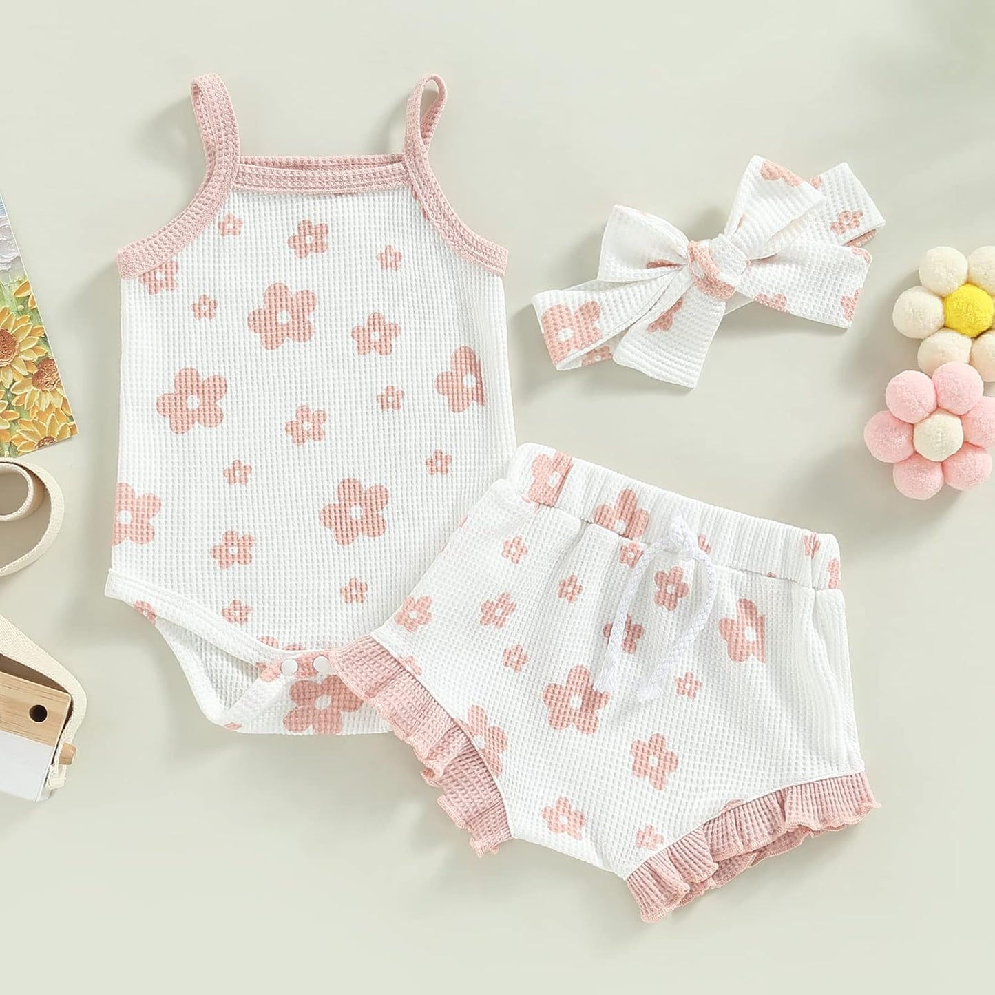 fhutpw Baby Girl Clothes Summer Cute Outfits 3 6 12 18 Months Spaghetti Strap Romper & Floarl Shorts Sets