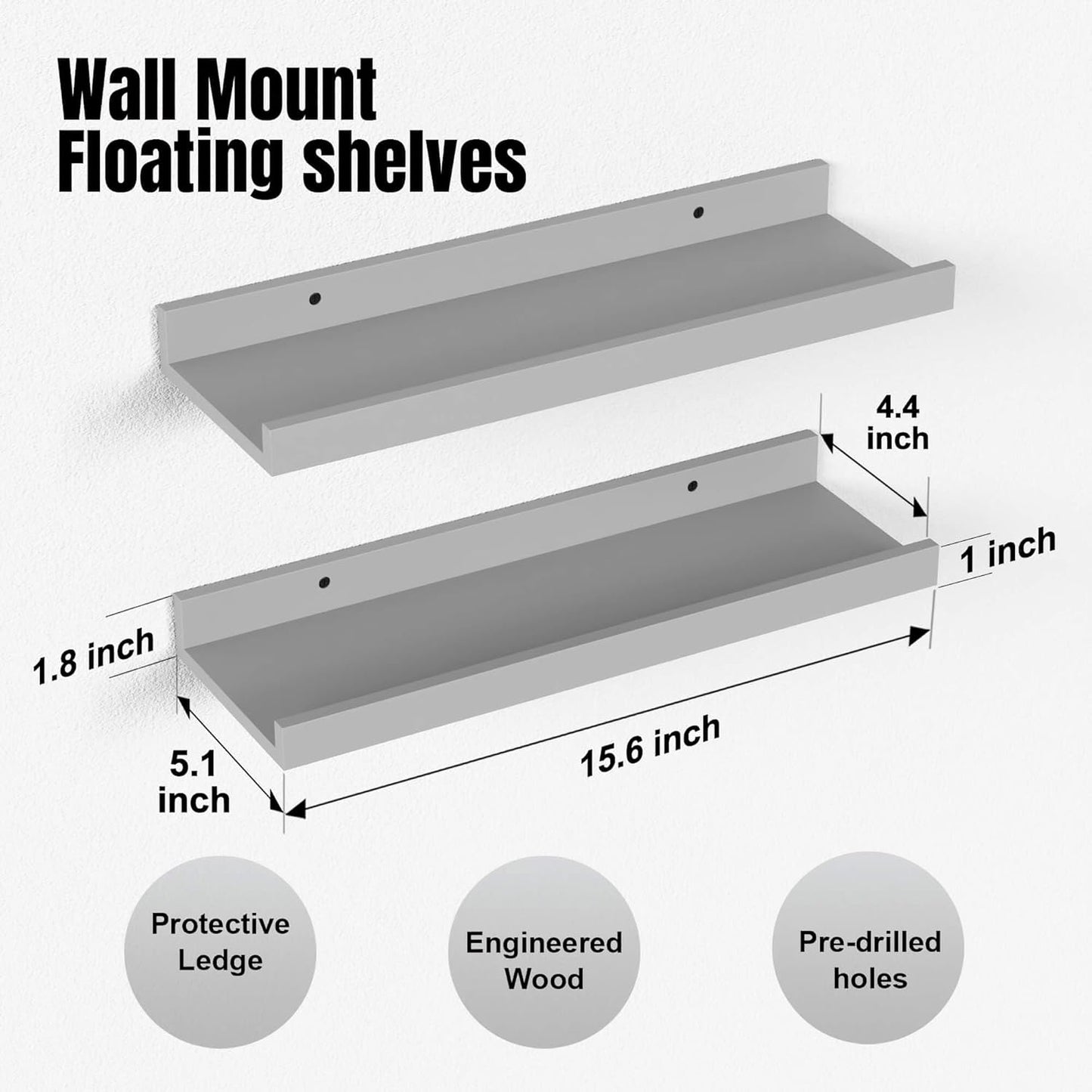 Floating Shelves for Wall, Wall Shelves Set of 2, Bedroom Shelves with Lip, Display Picture Ledge Shelf for Wall Decor Bedroom Living Room Bathroom Kitchen - Grey