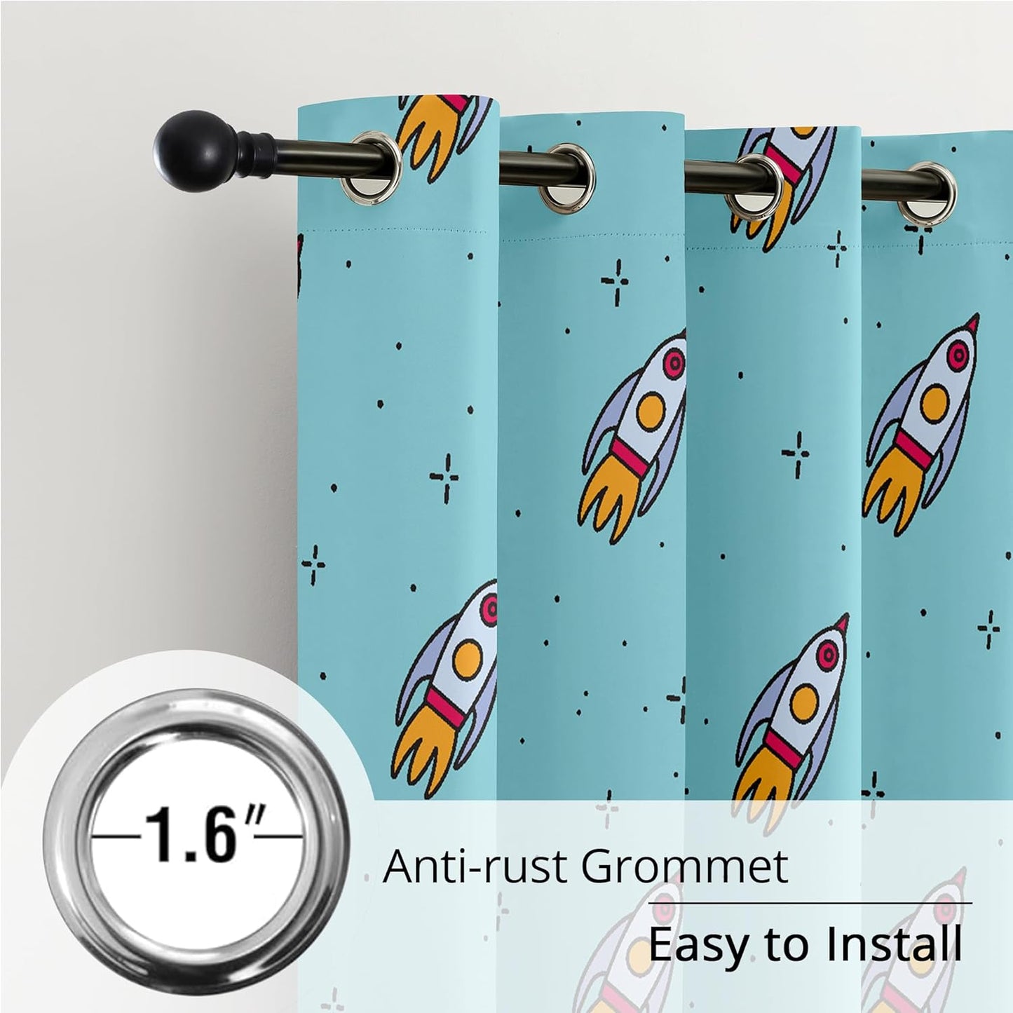 Kids Space Rockets Blackout Curtains - 100% Blackout, Thermal Insulated, Noise Reducing, Perfect for Kids Room and Nursery, 2 Panels (Aqua Mini Rockets, W52×L63)