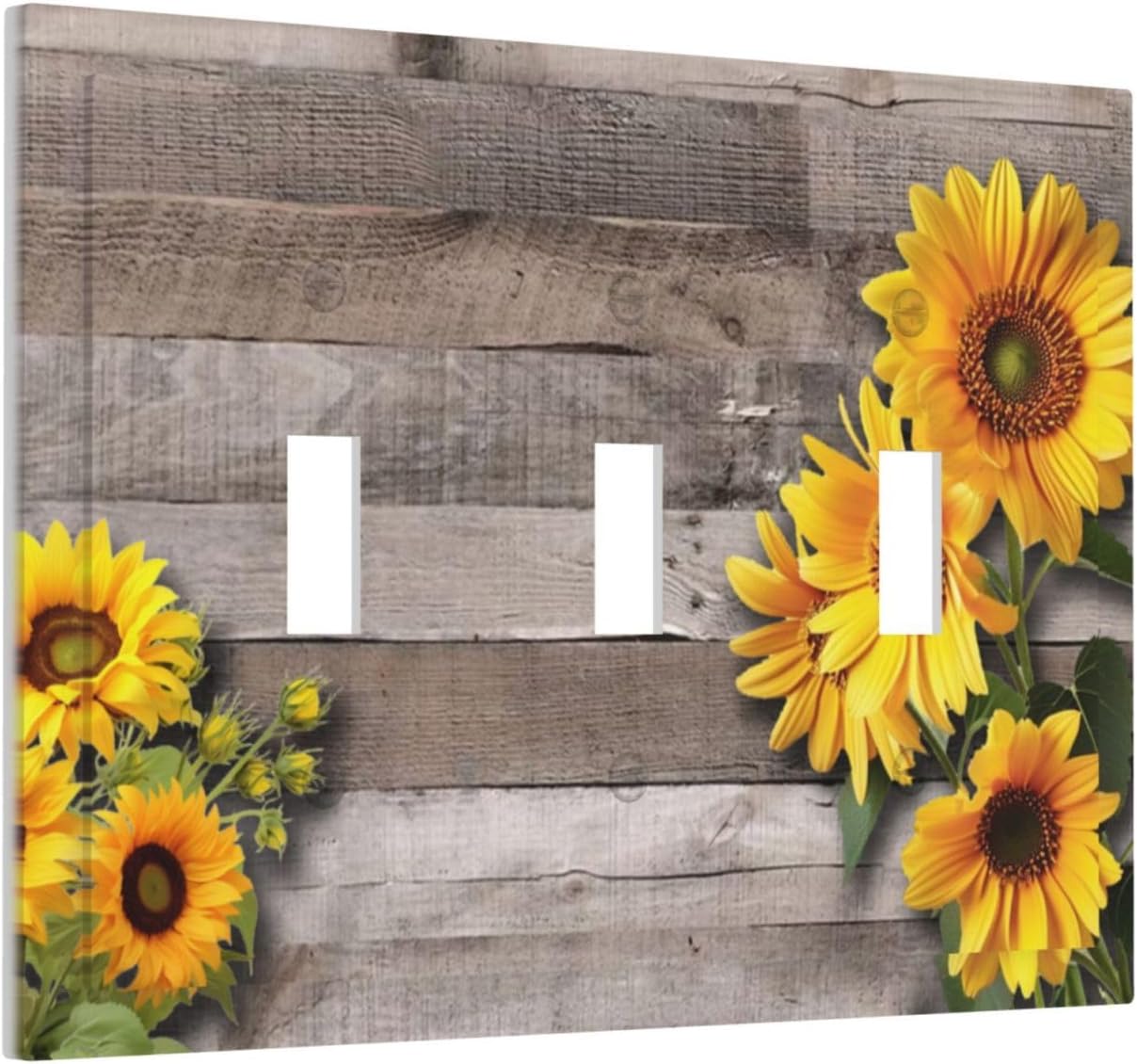 Sunflower Rustic Brown Gray Wood Decorative Switch Plates 3 Gang Wall Plate Triple Toggle Light Switch Cover Faceplate Electrical Wall Panels for Farmhouse Home Decor