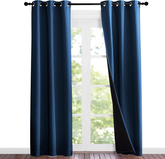 NICETOWN 100% Blackout Short Curtains with Black Liners, Solid Thermal Insulated Full Blackout 2-Layer Lined Energy Efficiency Window Drapes for Bedroom (2 Panels, 37" W by 84" L, Moroccan Blue)
