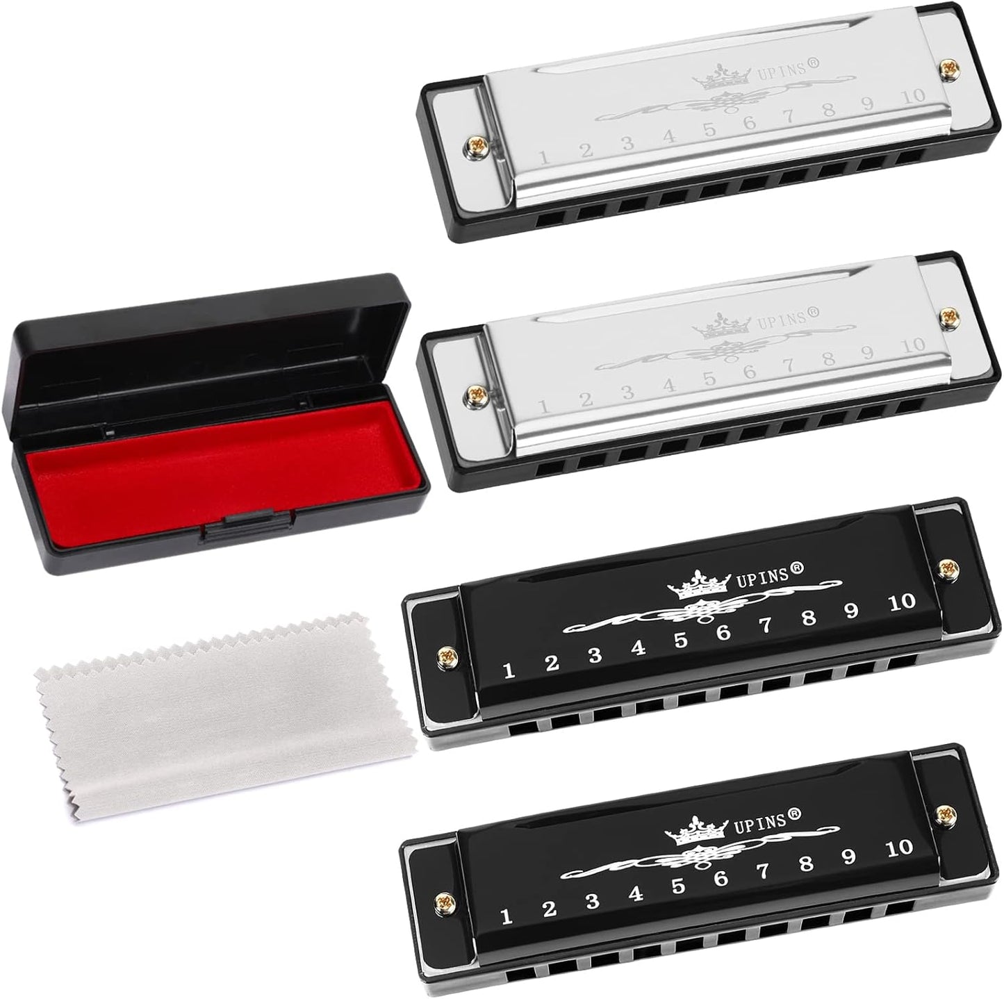UPINS Harmonica, 4PCS Key of C Blues 10 Hole 20 Tones Titanium Color Harmonica with Case Cleaning Cloth for Beginner (Black, Silvery)