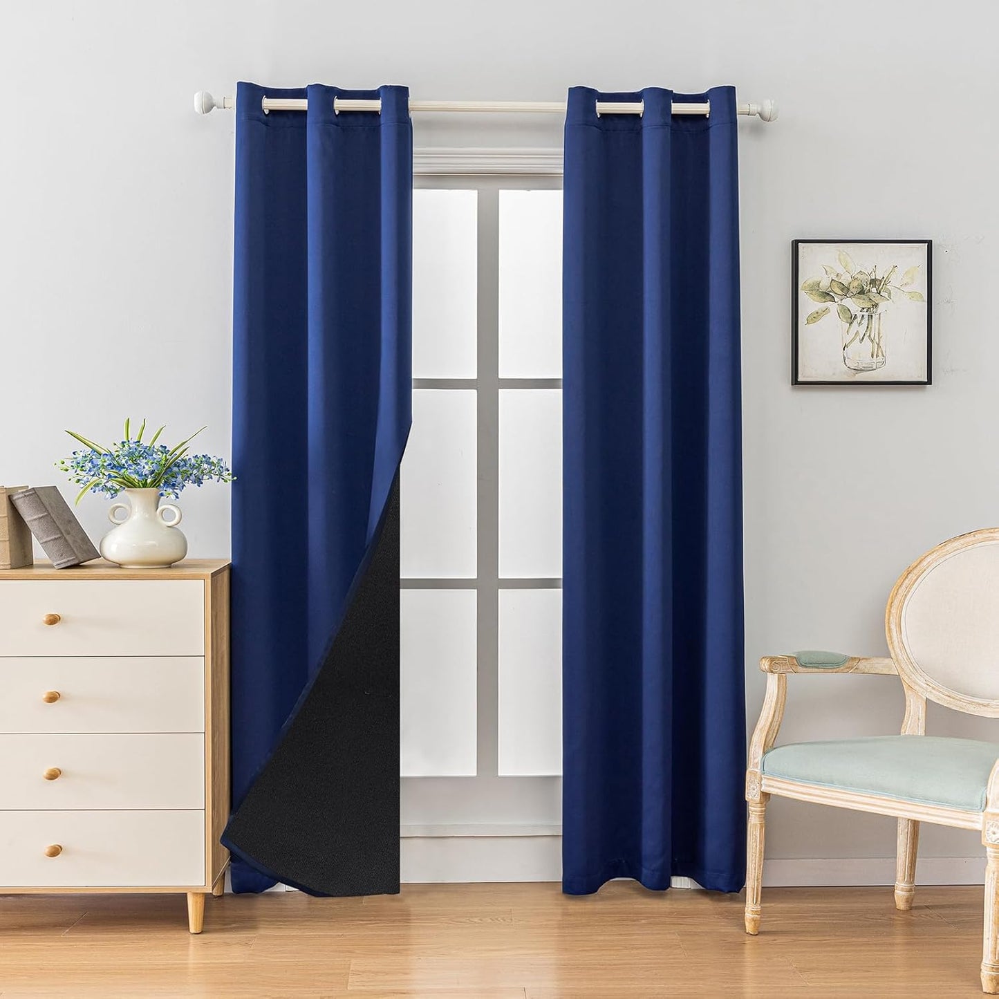 Anytime 100% Blackout Curtain Set, Thermal Insulated & Energy Efficiency Window Draperies for Guest Room, Full Shading Panels for Shift Worker and Light Sleepers（Navy Blue, 2 Panels, 42W x 72L）