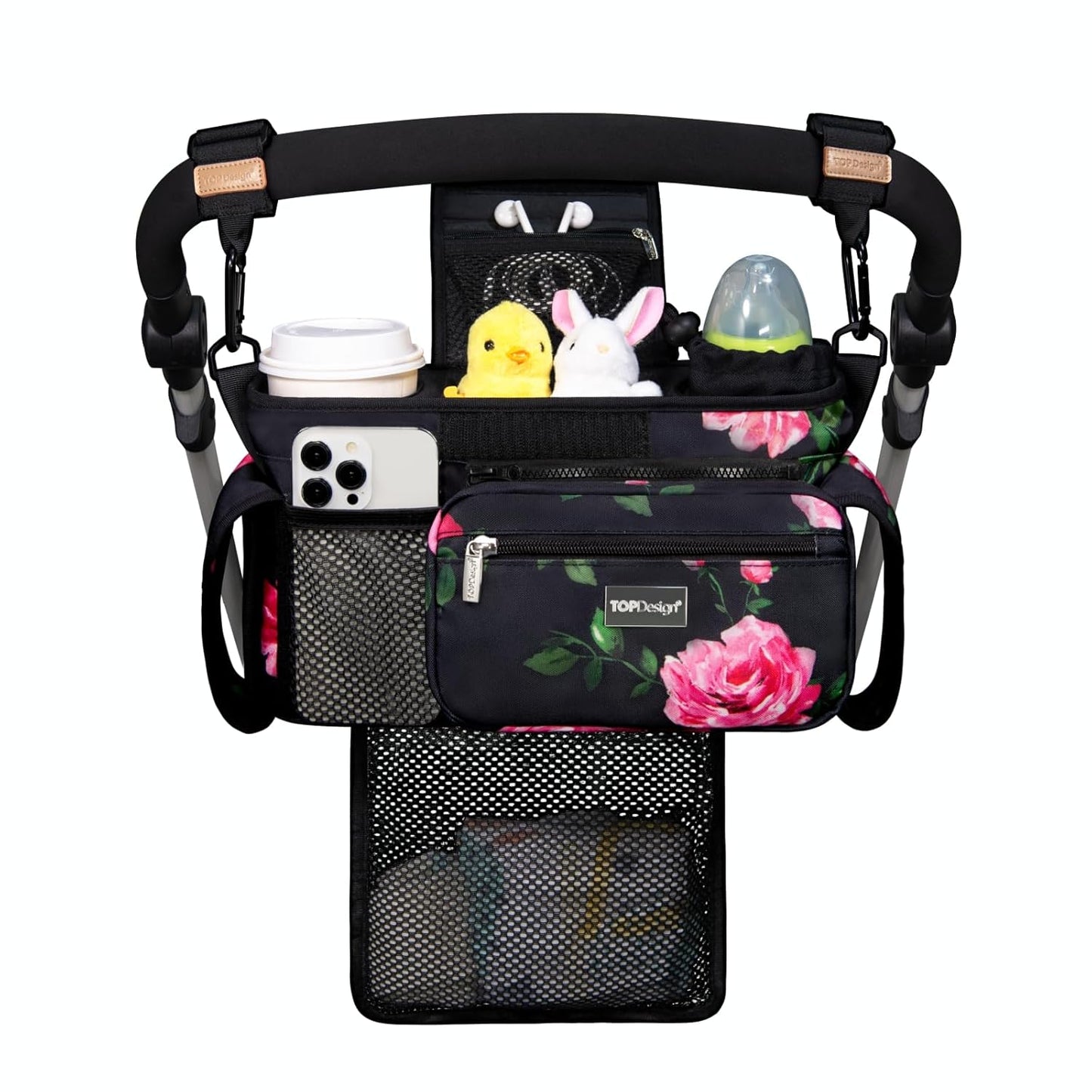 TOPDesign Universal Baby Stroller Organizer, Stroller Caddy with Detachable Mesh Bag & Heightened Insulated Cup Holders & Non-Slip Secure Hooks Accessories, Fits Most Strollers (Peony)