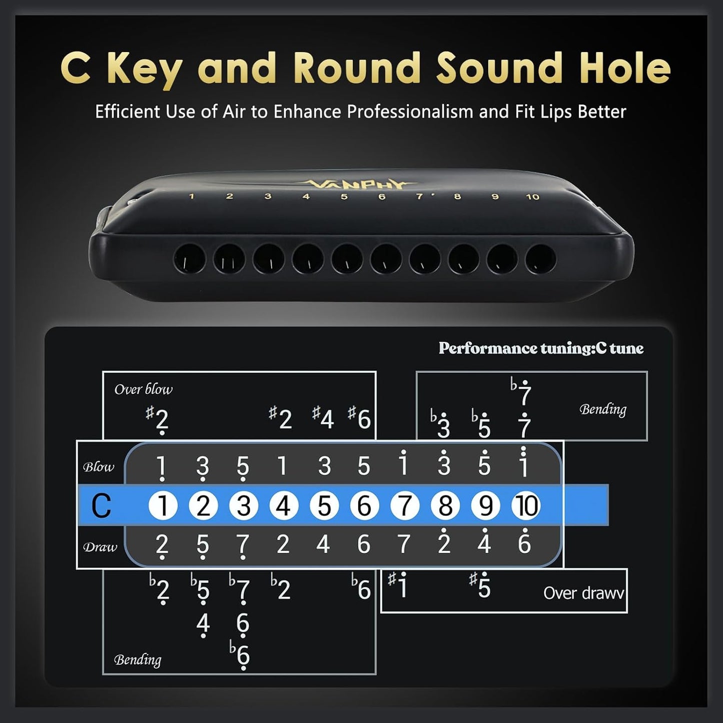 Harmonica VANPHY C Harmonica 10 Holes 20 Tones Blues Diatonic Mouth Organ for Kids Beginners Students Adults & Professionals with Case（Black）