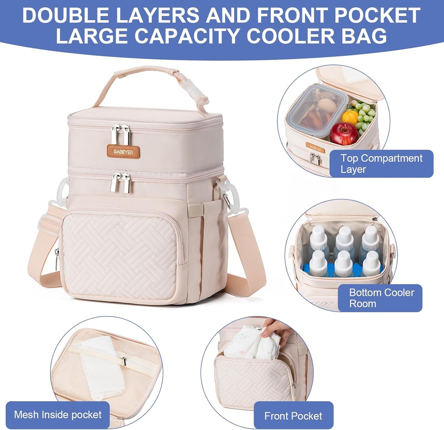 Insulated Breastmilk Cooler Bag with Ice Pack - Holds 6x9oz Bottles, Leakproof Double Layer, Adjustable Strap for Nursing Moms, Daycare & Travel,Pearl White