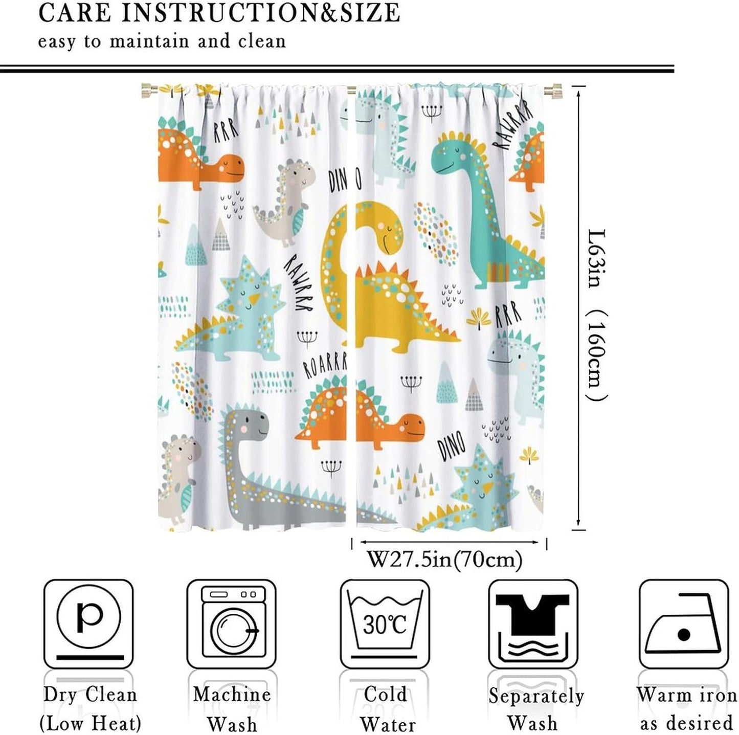 Dinosaur Curtains for Kids Boys Girls Home Decor Childish Cute Dino Animals Print Pattern Rod Pocket Blackout Window Drapes for Nursery Baby Bedroom Playroom W27.5xL63in 2 Panels