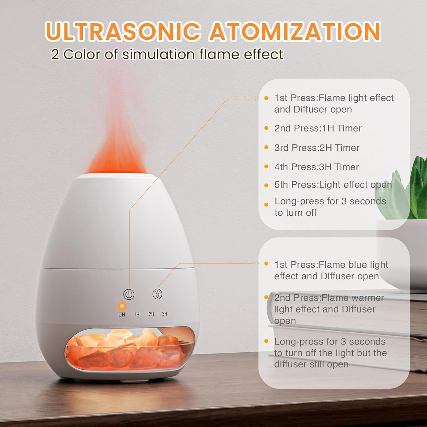 Ultrasonic Essential Oil Diffuser with Himalayan Salt Rock,Flame Oil Diffuser with 2 Color Light,Small Aromatherapy Oil Diffuser with Auto Off Function for Home, Office,Spa,100ML