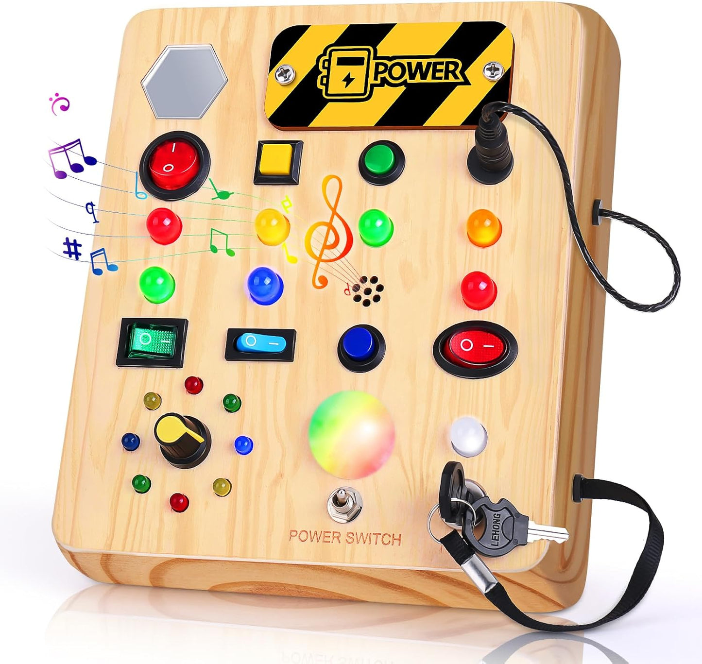 Busy Board with LED Light, Wooden Sensory Toys for Toddler, Montessori Music Toy for Airplane, Travel Activity Educational Learning Autism Toys, Birthday Boys Girls Gifts