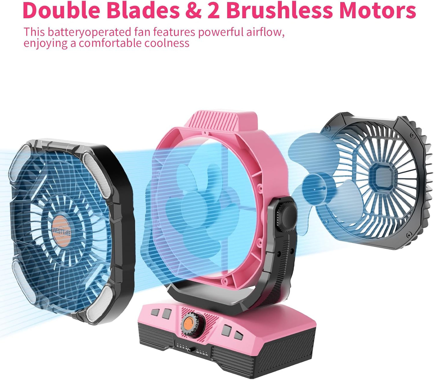 Camping Fan Oscillating Portable Fan 20000mAh Battery Powered Fans Rechargeable Camping Tent essentials Light Hook 270° Pivot USB Desk Outdoor Battery Operated X68 Pink