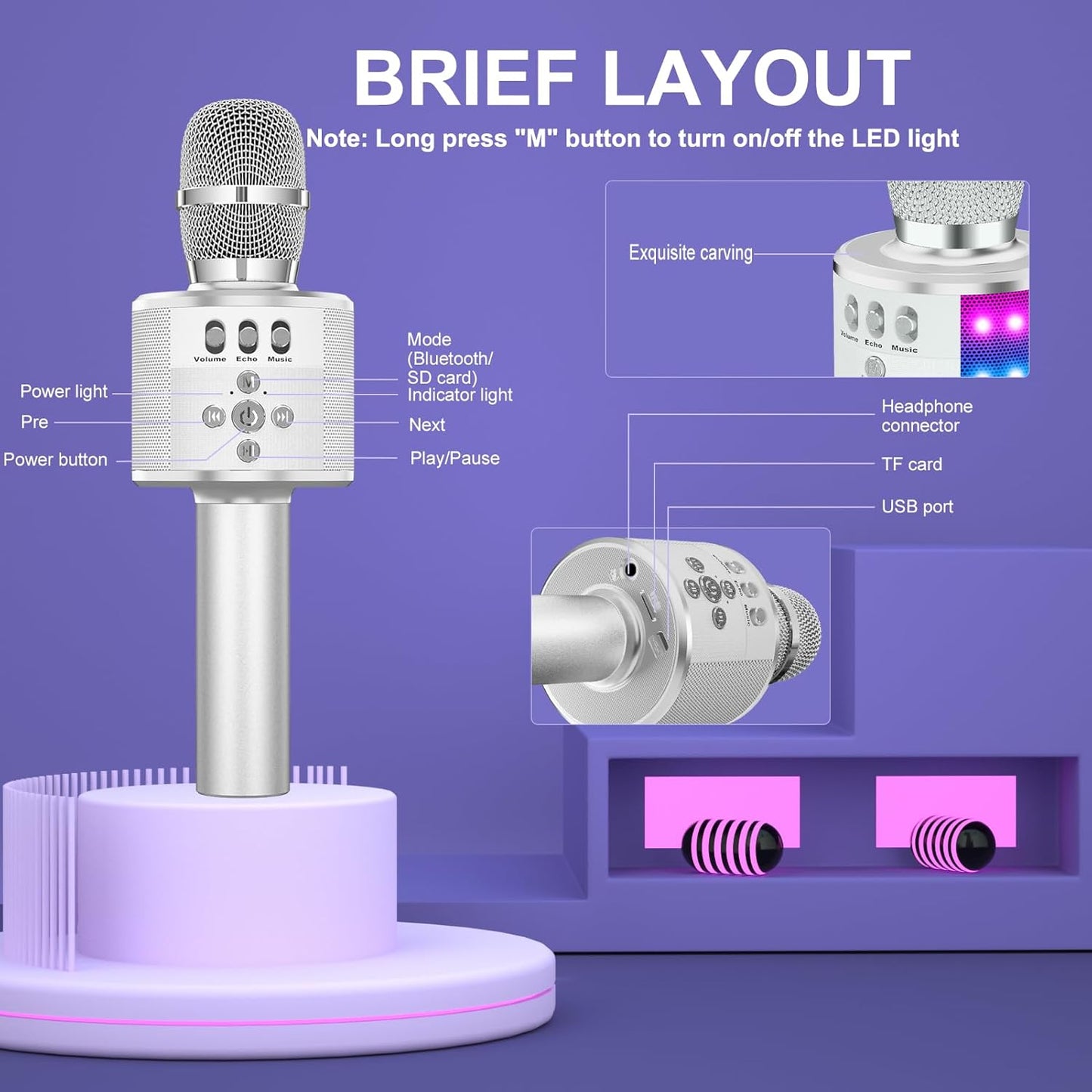 BONAOK Karaoke Microphone for Kids & Adults - Bluetooth Microphones Singing Mic with Disco Lights, Echo Effect, Built-in Speaker Portable Karaoke Player for Party Travel Gifts Q78(Silver)