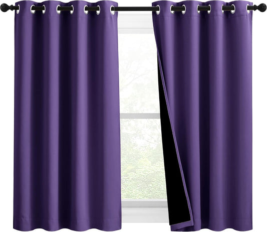 NICETOWN 100% Blackout Curtains with Black Liners, Solid Thermal Insulated Full Blackout 2-Layer Lined Drapes, Energy Efficiency Window Draperies for Bedroom (2 Panels, 46" W by 54" L, Lilac Purple)