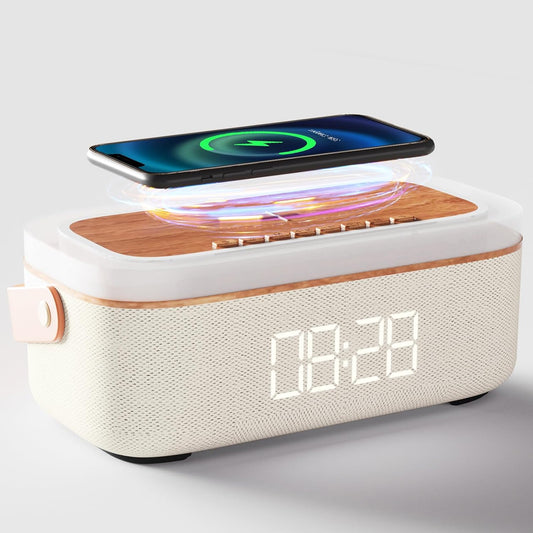 LOVME Alarm Clock Bluetooth Speaker for Bedroom, Bluetooth Stereo Sound Speaker, Fast 15W Wireless Charger, Dimmer, Night Light for Heavy Sleepers, Gift Set, Bedside(Khaki)