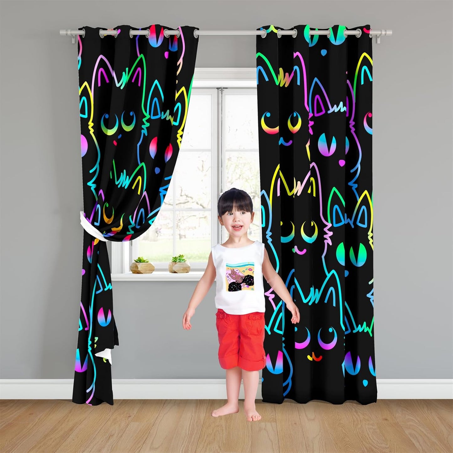 Cat Blackout Curtains for Girls - 2Pcs Cute Cartoon Cat Patterns Curtain Panels for Girls Bedroom Lovely Cats Drapes Darkening Window Curtain for Living Room Bedroom, 82" x 84"