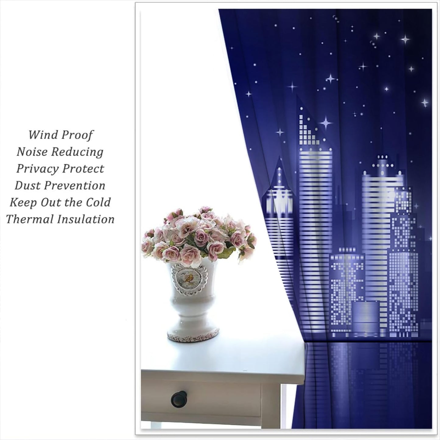 City Rod Pocket Blackout Curtains for Boy Girl Bedroom, New York Skyline Modern City Starry Sky Night View Thermal Insulated Home Window Drapes for Living Room Darkening, 55x63 inch