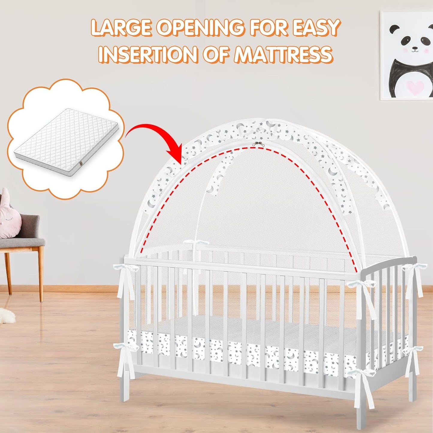 Crib Tent to Keep Baby from Climbing Out - Crib Net to Keep Baby in - Pop Up Breathable Cribs Cover - Canopy with Upgrade Strong Mesh and Durable Zipper (White-Star and Moon, Lager)