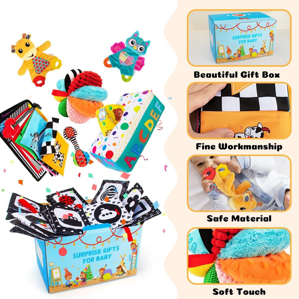 Baby Gifts Set,Infant Toys Set with Tummy Time Mirror,Plush Teethers,High Contrast Baby Books,Rattle,Tissue Box Toy,Sensory Ball for Boys Girls,Perfect Sensory Toys Gifts Basket for Shower Birthday