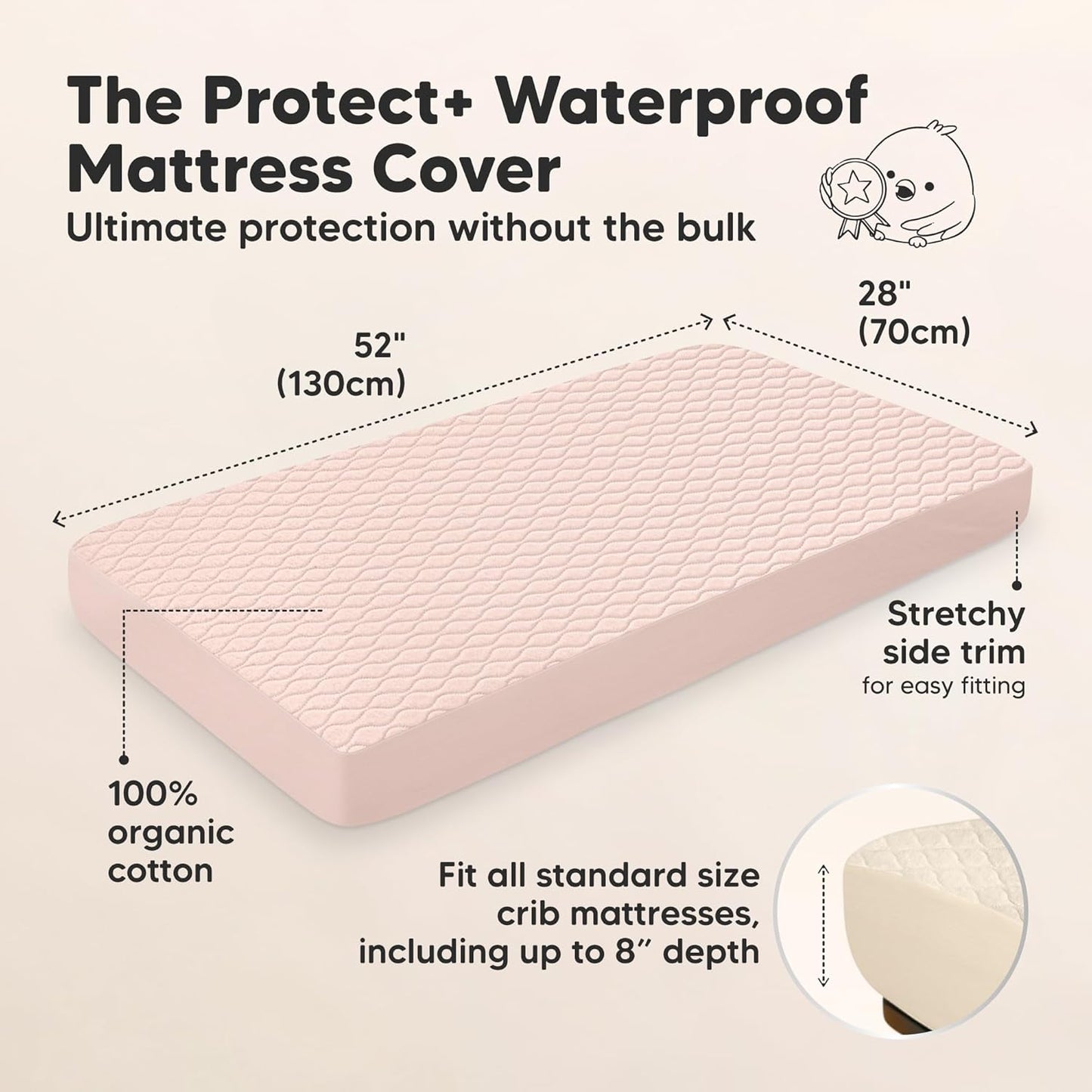 Waterproof Crib Mattress Protector Cover Fitted - 2-Pack Quiet Baby Crib Mattress Pad Sheets, 52" x 28" Soft Quilted Cotton Baby Sheet, Machine Washable, Easy Fit, Durable (Cameo/Mavy)