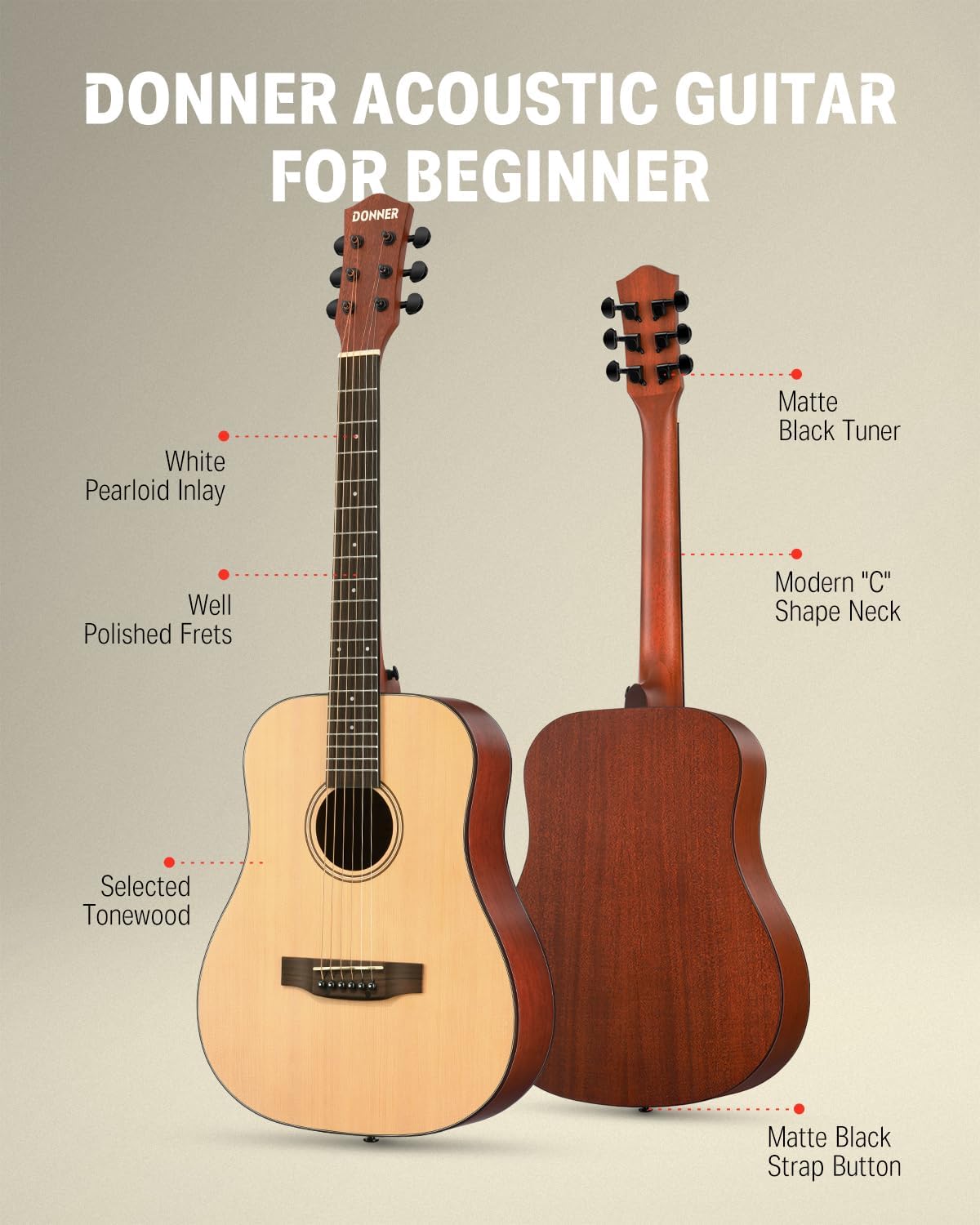 Donner 3/4 Acoustic Guitar Kit 36 Inch Dreadnought Acustica Guitarra Bundle for Beginner Adult Youth Travel With Steel String Spruce Wood Gig Bag Tuner Pickguard Right Hand