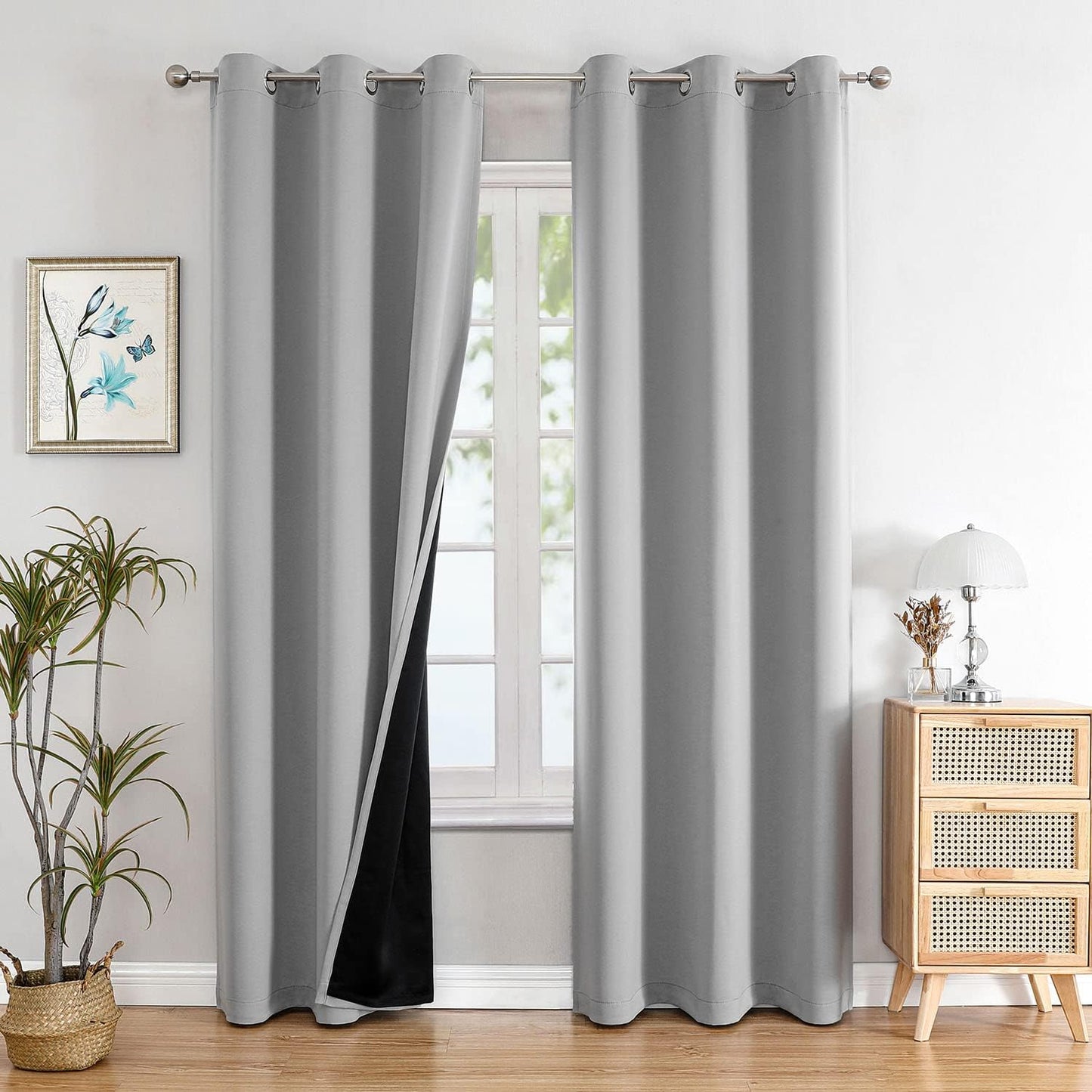 ChrisDowa 100% Blackout Curtains for Bedroom with Black Liner, 2 Thick Layers Total Blackout Thermal Insulated Grommet Window Curtains 84 Inch Long 2 Panels Set (Light Grey, 42 x 84 Inch)