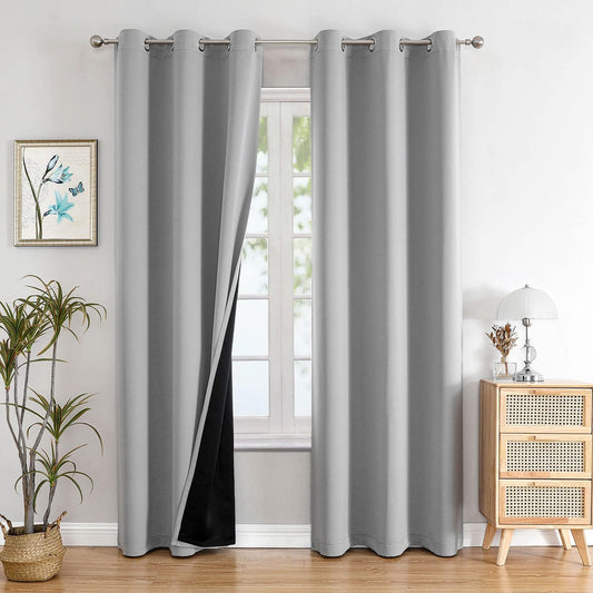 ChrisDowa 100% Blackout Curtains 84 inch Long for Bedroom with Black Liner, 2 Thick Layers Total Blackout Thermal Insulated Grommet Window Curtains 2 Panels Set (Light Grey, 38 x 84 Inch)