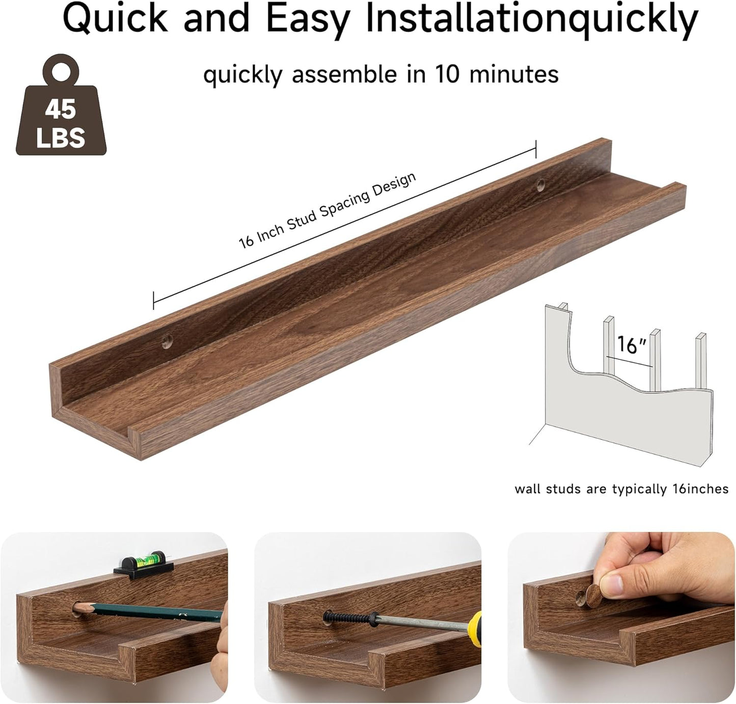 Picture Ledge Shelf for Wall, Floating Shelves Set of 4, 24 Inch Long Nursery Book Shelves for Toys Storage, Kids Bookshelf Wall Mounted for Books Photo Frames, Walnut