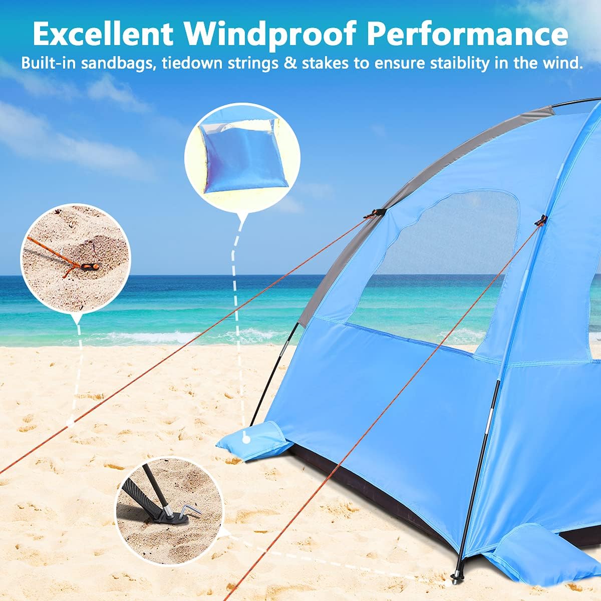 NXONE Beach Tent Sun Shade Shelter for 3/4/6 Person Person with UV Protection, Extended Floor, 3 Mesh Roll Up Windows & 8.0/8.5mm Fiberglass Rods丨Carry Bag Included