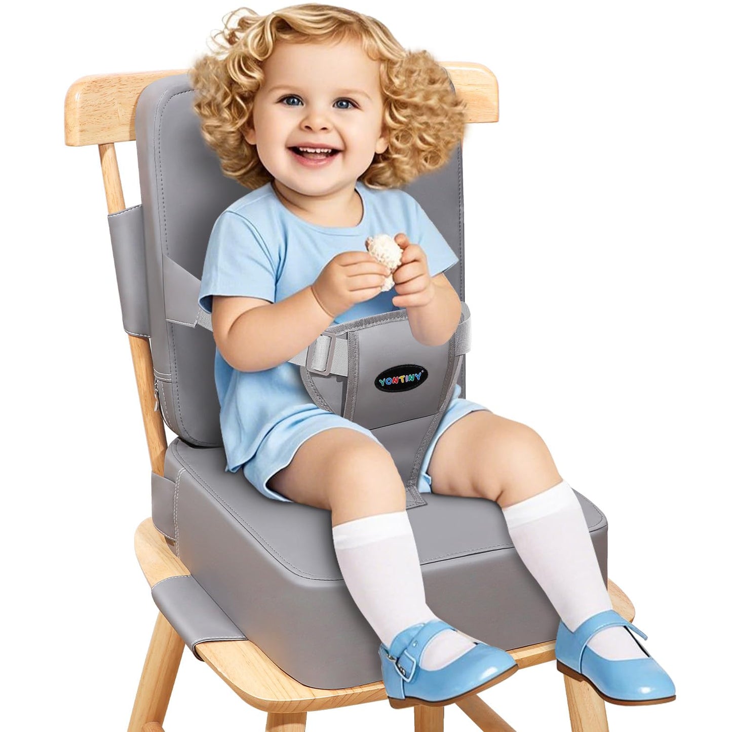 Toddler Booster Seat for Kitchen Chair, 2-in-1 Dining Table Booster Seat with Backrest & Adjustable Straps – Easy-Clean, PU Portable Toddler Eating Travel Increasing Cushion-Light Grey