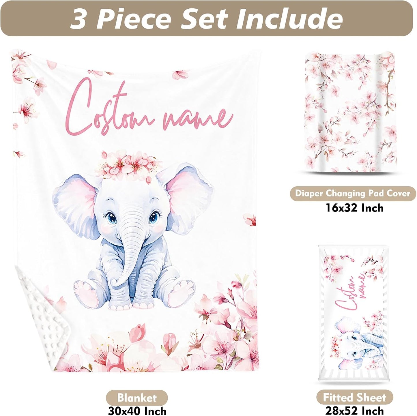 Custom Name Crib Bedding Set - Elephant Theme, Personalized Pink Flower Pattern Nursery Bedding 3-Piece Set– Soft Blanket, Fitted Sheet, Changing Pad Cover – for Newborns Girls Nursery Gifts