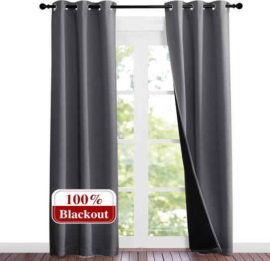 NICETOWN Grey Full Shade Curtain Panels, Pair of Thermal Insulated & Energy Efficiency Blackout Curtains for Living Room Windows, Lined Silky Performance Window Dressing (37" Wide x 84" Long, Gray)
