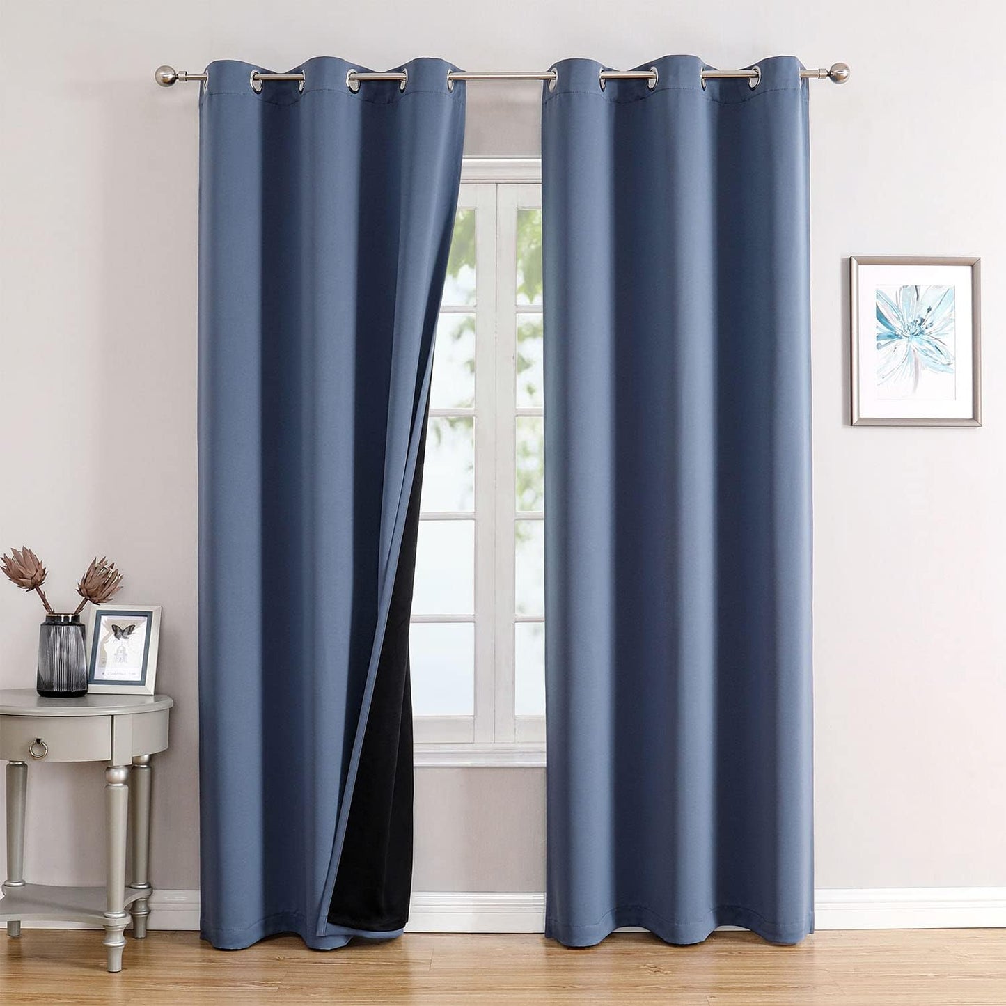 ChrisDowa 100% Blackout Curtains 72 inch Long for Bedroom with Black Liner, 2 Thick Layers Total Blackout Thermal Insulated Grommet Window Curtains 2 Panels Set (Stone Blue, 42 x 72 Inch)
