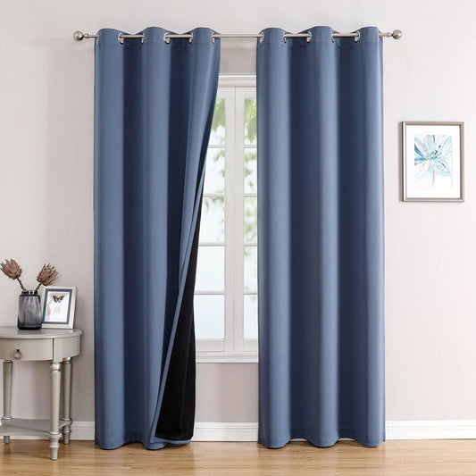 ChrisDowa 100% Blackout Curtains 72 inch Long for Bedroom with Black Liner, 2 Thick Layers Total Blackout Thermal Insulated Grommet Window Curtains 2 Panels Set (Stone Blue, 42 x 72 Inch)