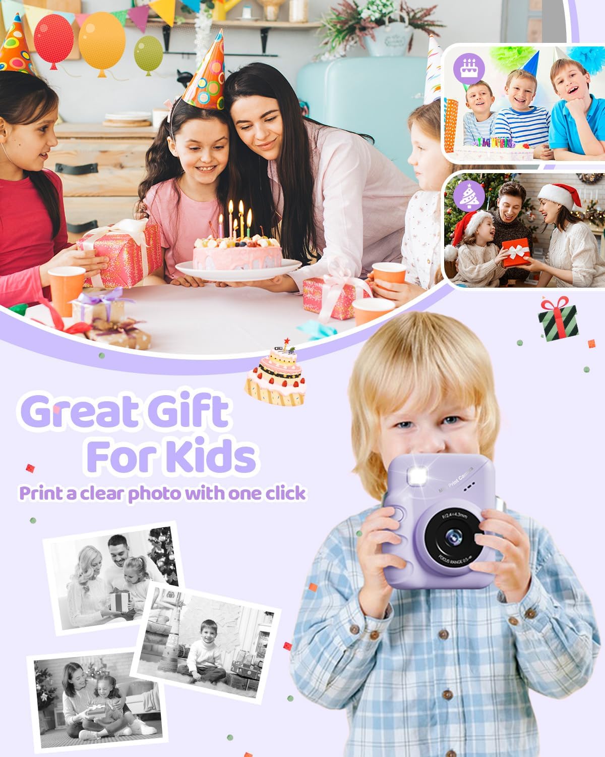Kids Camera Instant Print for Girls Ages 3-14, 3-inch HD Screen Camera for Kids with Printing Paper, 1080P Digital Toddler Toys for 4 5 6 7 8 9 10 11 12 Years Old (Purple)
